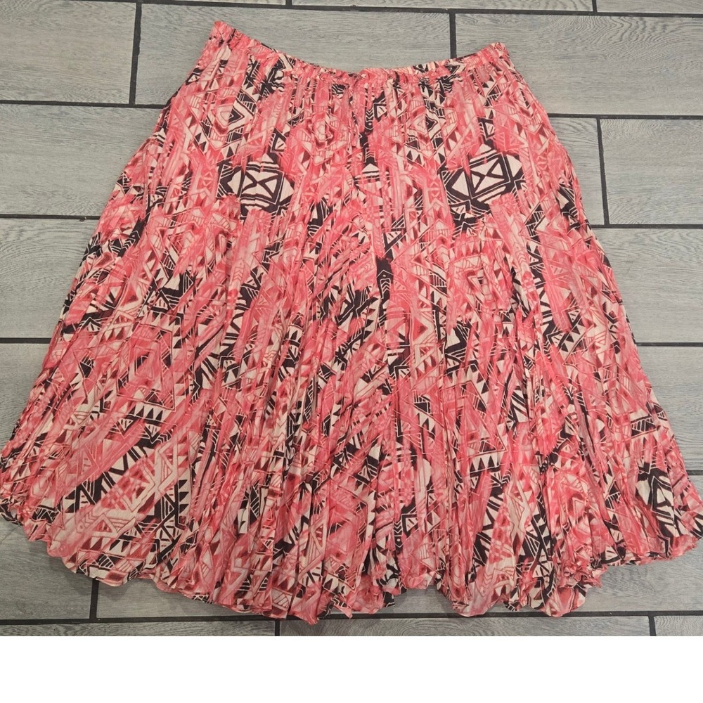 Denim 24/7 Pink Black Geometric Tribal Crinkle Pleated Midi Skirt Plus Size 12W